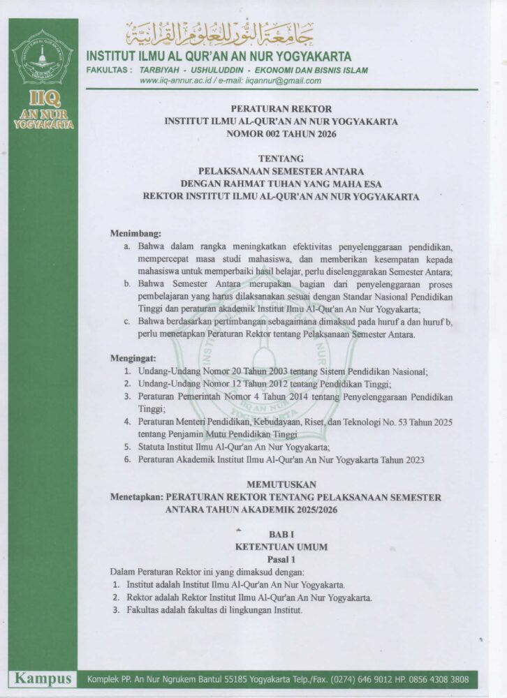 Peraturan Rektor No 002 Tahun 2026 tentang Pelaksanaan Semester Pendek page 0001 - PERATURAN REKTOR IIQ AN NUR YOGYAKARTA NOMOR 002 TAHUN 2026 TENTANG PELAKSANAAN SEMESTER ANTARA T.A. 2026-2027