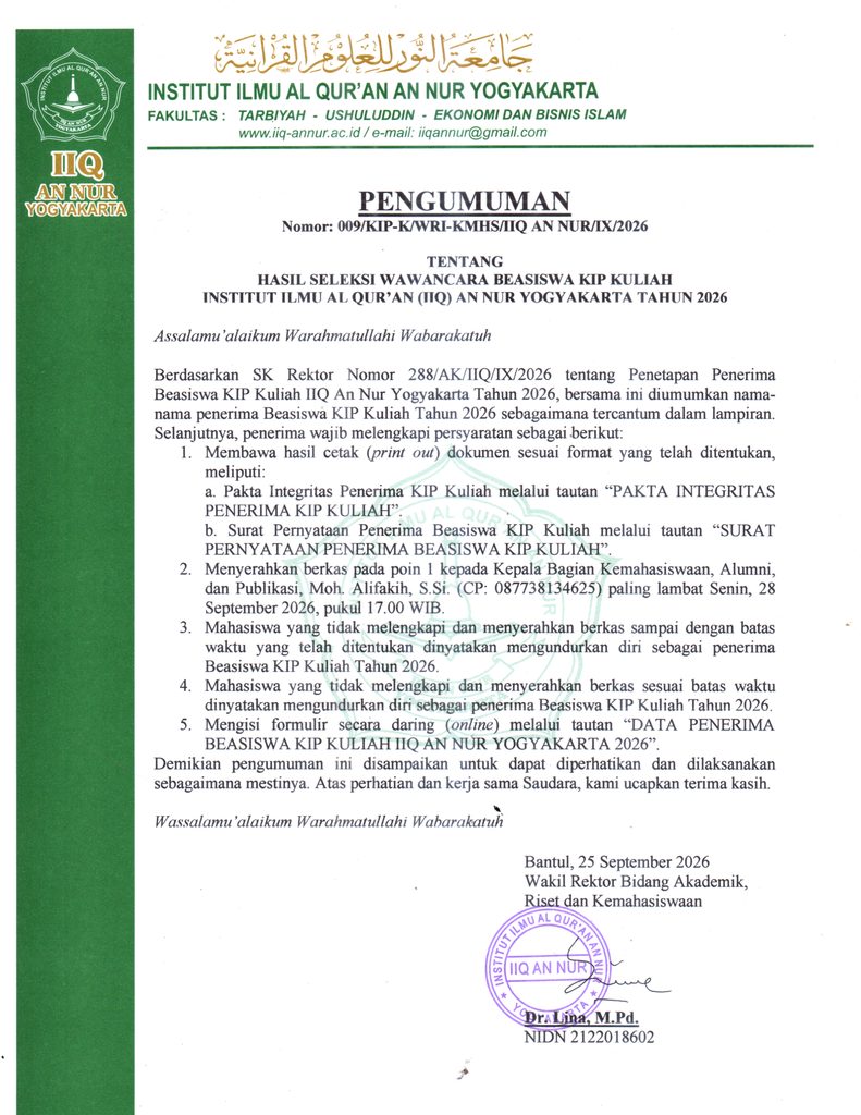 1 Pengumuman Peraih KIP - PENTING! PENGUMUMAN DAFTAR PENERIMA BEASISWA KIP KULIAH IIQ AN NUR YOGYAKARTA TAHUN 2026