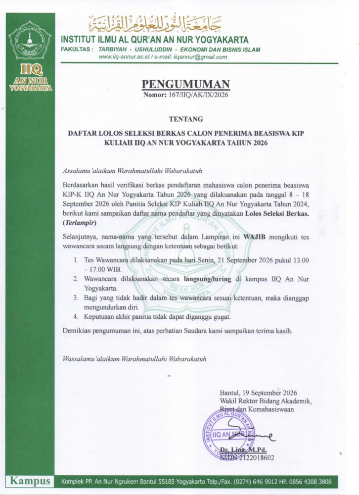 167. Pengumunan Daftar Lolos Seleksi Berkas Calon Penerima Beasiswa KIP Kuliah IIQ An Nur Yogyakarta Tahun 2026 page 0001 - DAFTAR LOLOS SELEKSI BERKAS CALON PENERIMA BEASISWA KIP KULIAH IIQ AN NUR YOGYAKARTA 2026