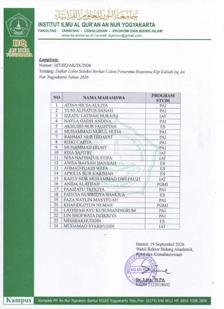 167. Pengumunan Daftar Lolos Seleksi Berkas Calon Penerima Beasiswa KIP Kuliah IIQ An Nur Yogyakarta Tahun 2026 page 0002 - DAFTAR LOLOS SELEKSI BERKAS CALON PENERIMA BEASISWA KIP KULIAH IIQ AN NUR YOGYAKARTA 2026