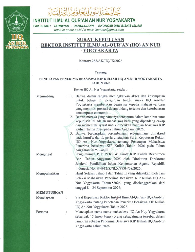 2 Pengumuman Peraih KIP - PENTING! PENGUMUMAN DAFTAR PENERIMA BEASISWA KIP KULIAH IIQ AN NUR YOGYAKARTA TAHUN 2026