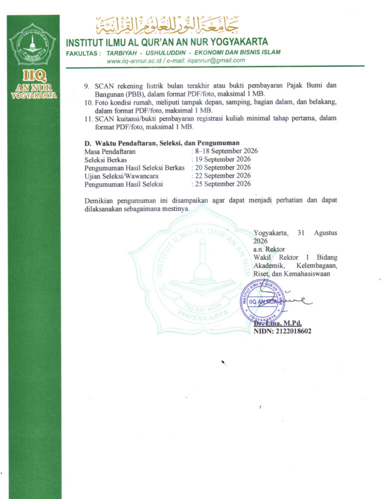 2 - PENGUMUMAN PEREKRUTAN CALON PENERIMA BEASISWA KIP KULIAH IIQ AN NUR YOGYAKARTA TAHUN 2026