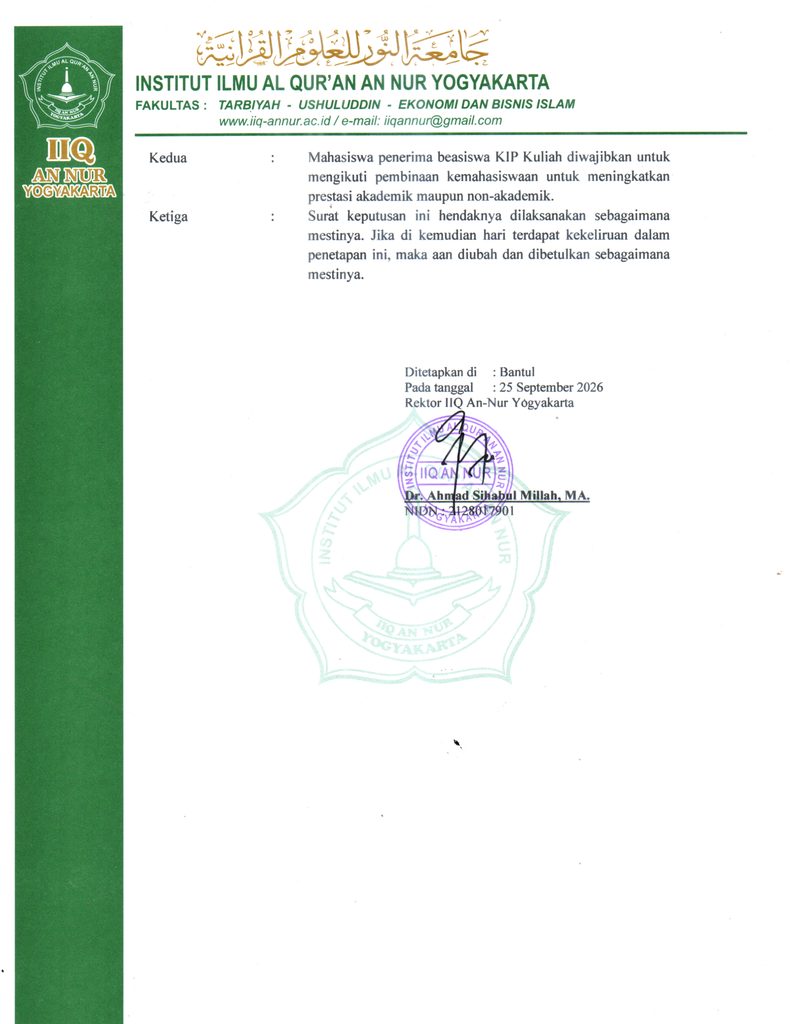 3 Pengumuman Peraih KIP - PENTING! PENGUMUMAN DAFTAR PENERIMA BEASISWA KIP KULIAH IIQ AN NUR YOGYAKARTA TAHUN 2026