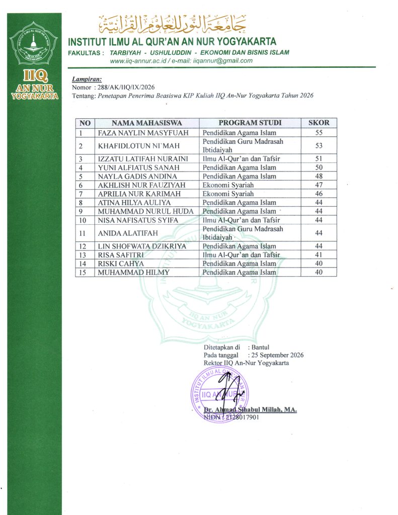 4 Pengumuman Peraih KIP - PENTING! PENGUMUMAN DAFTAR PENERIMA BEASISWA KIP KULIAH IIQ AN NUR YOGYAKARTA TAHUN 2026