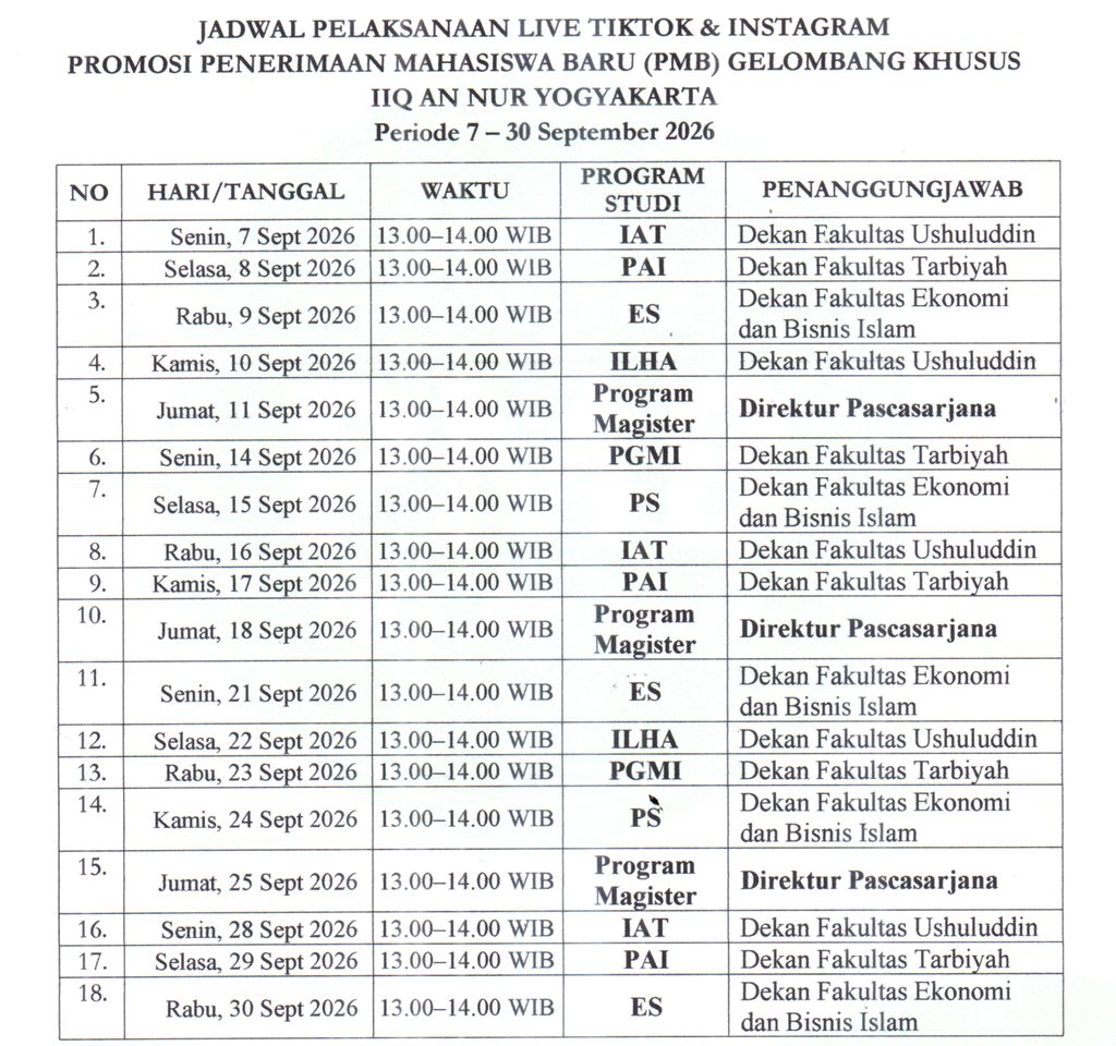 img20260915 17091861 - Buka PMB Gelombang Khusus, Admisi IIQ An Nur Yogyakarta Gelar Live Streaming