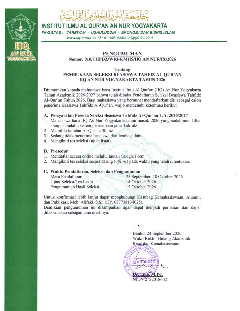 img20260924 16115250 - PEMBUKAAN SELEKSI BEASISWA TAHFIZ AL-QUR’AN IIQ AN NUR YOGYAKARTA TAHUN 2026