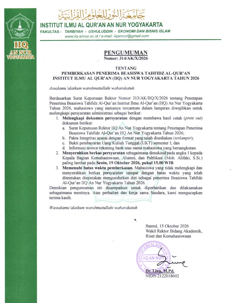1 Pengumuman Peraih Beasiswa Tahfidz 2026.docx - PENTING! PENGUMUMAN PEMBERKASAN PENERIMA BEASISWA TAHFIDZ AL-QUR’AN IIQ AN NUR YOGYAKARTA TAHUN 2026