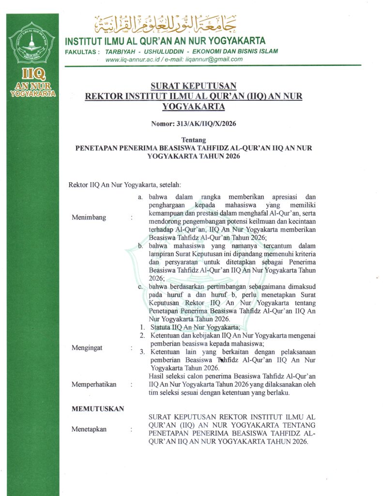 1 SK Rektor Penerima Beasiswa Tahfidz 2026 791x1024 1 - DAFTAR PENERIMA BEASISWA TAHFIDZ AL-QUR’AN IIQ AN NUR YOGYAKARTA TAHUN 2026