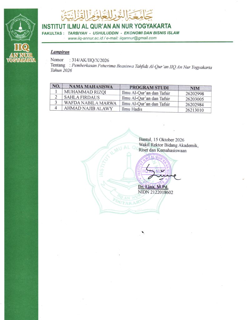 2 Pengumuman Peraih Beasiswa Tahfidz 2026.docx - PENTING! PENGUMUMAN PEMBERKASAN PENERIMA BEASISWA TAHFIDZ AL-QUR’AN IIQ AN NUR YOGYAKARTA TAHUN 2026